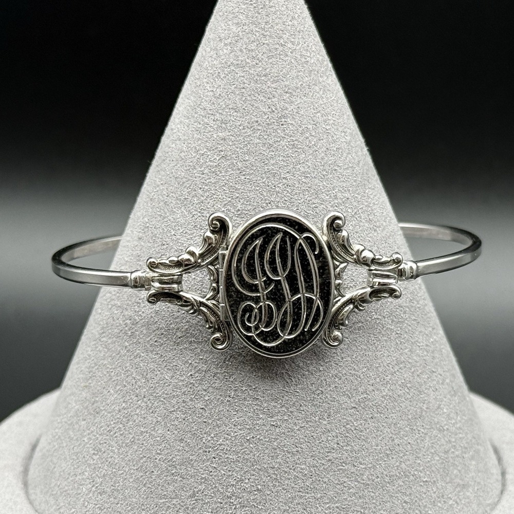 Vintage Avon Silver Tone Monogram Locket Hinge Bangle Bracelet Victorian Revival